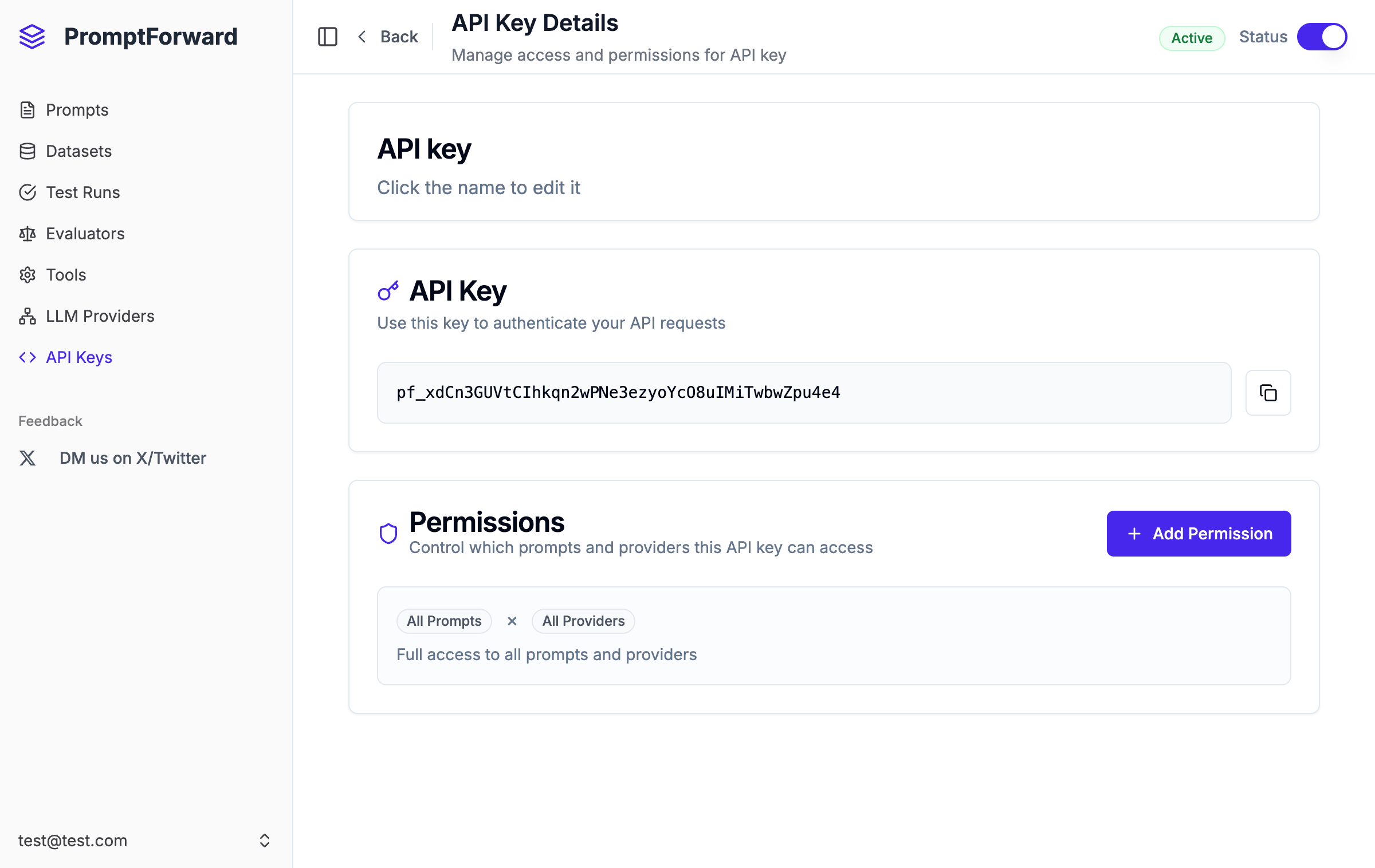 API key detail page with permissions management