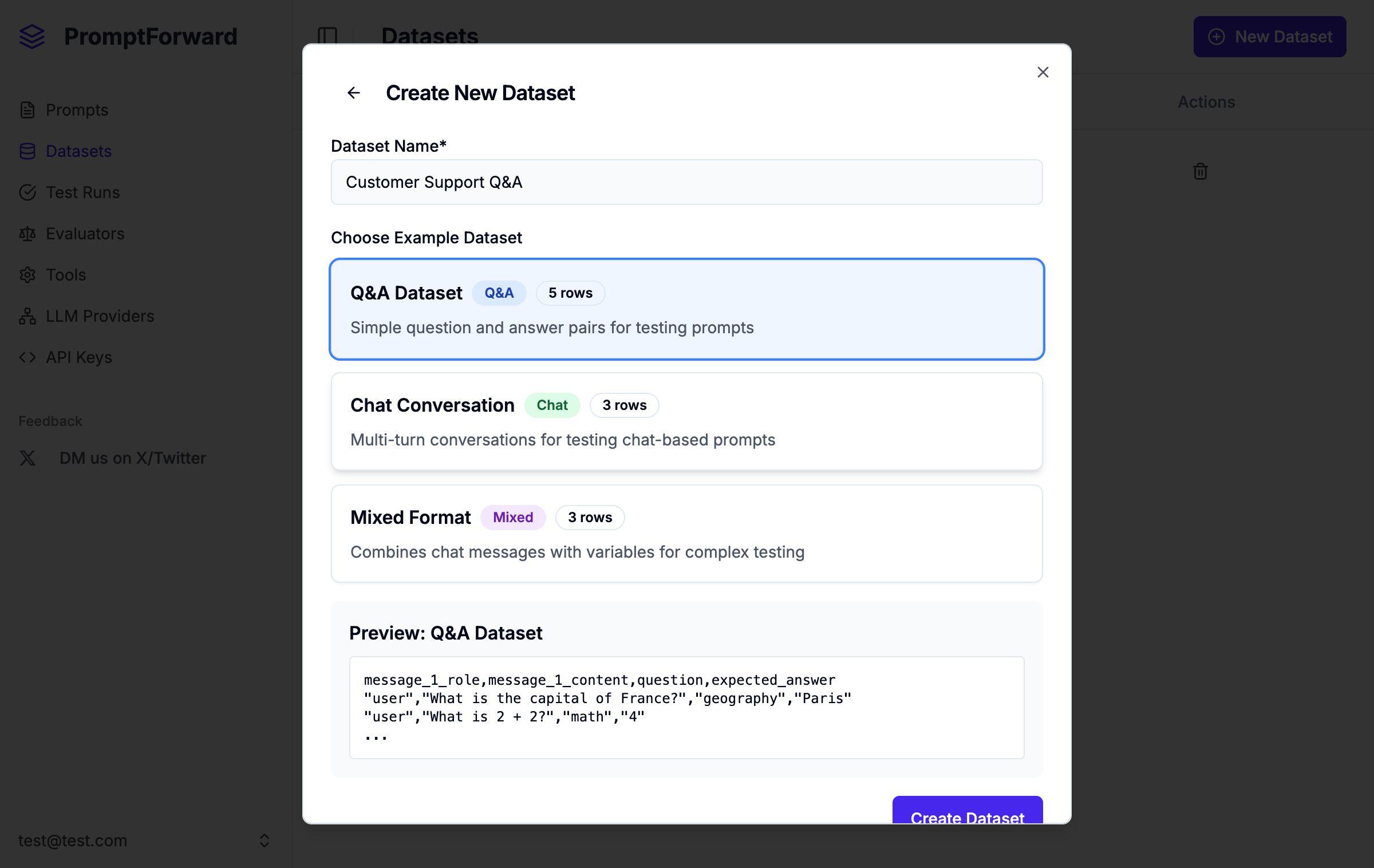 Dataset creation modal with example preview