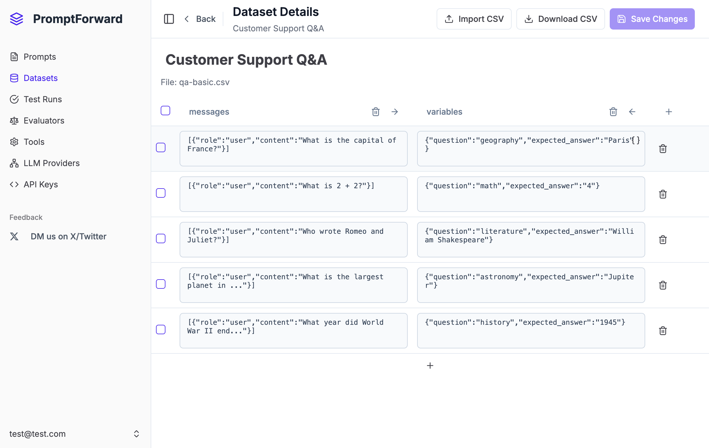 Dataset detail page showing tabular data editor