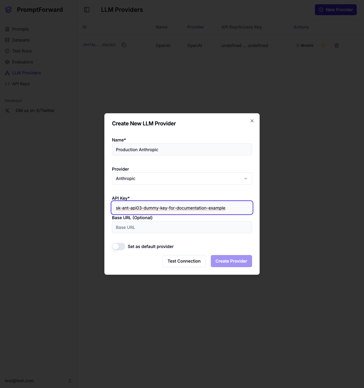 LLM Provider creation modal