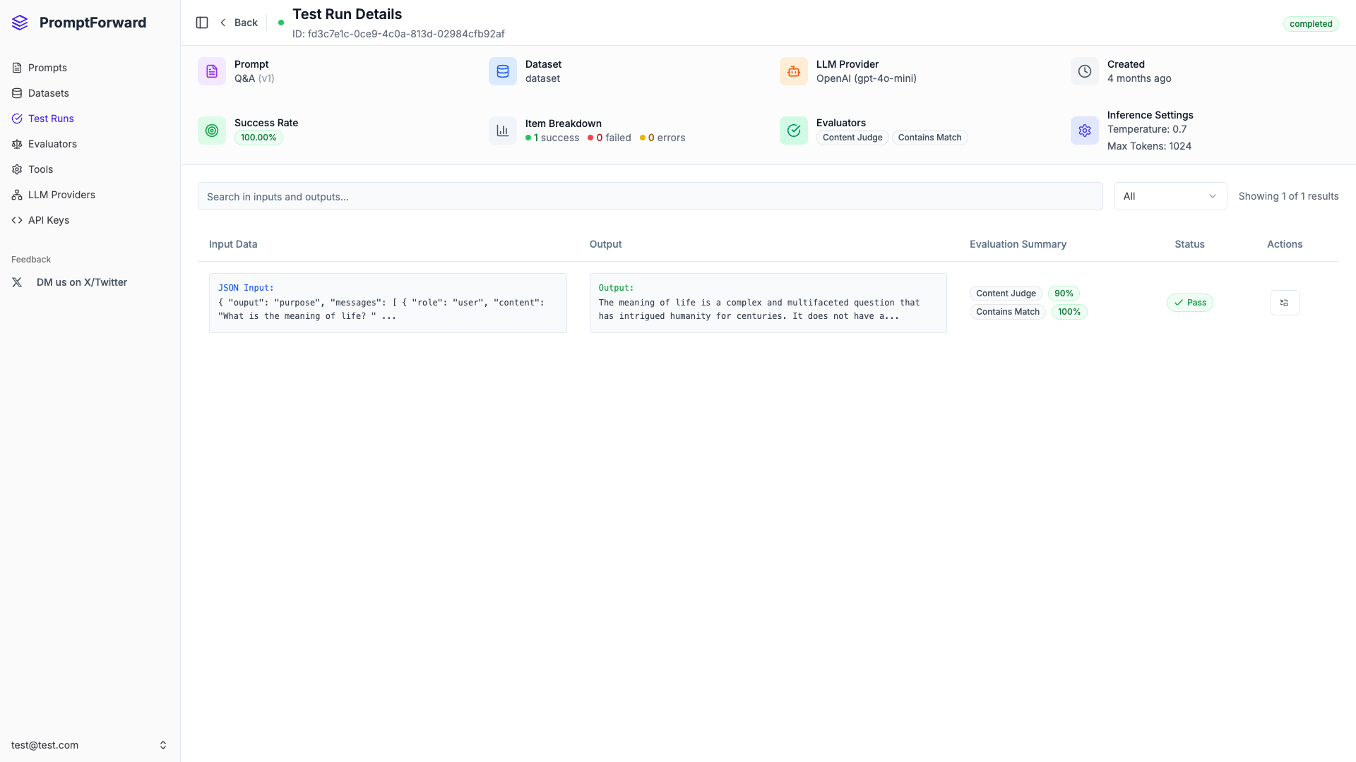 Test run results detail page