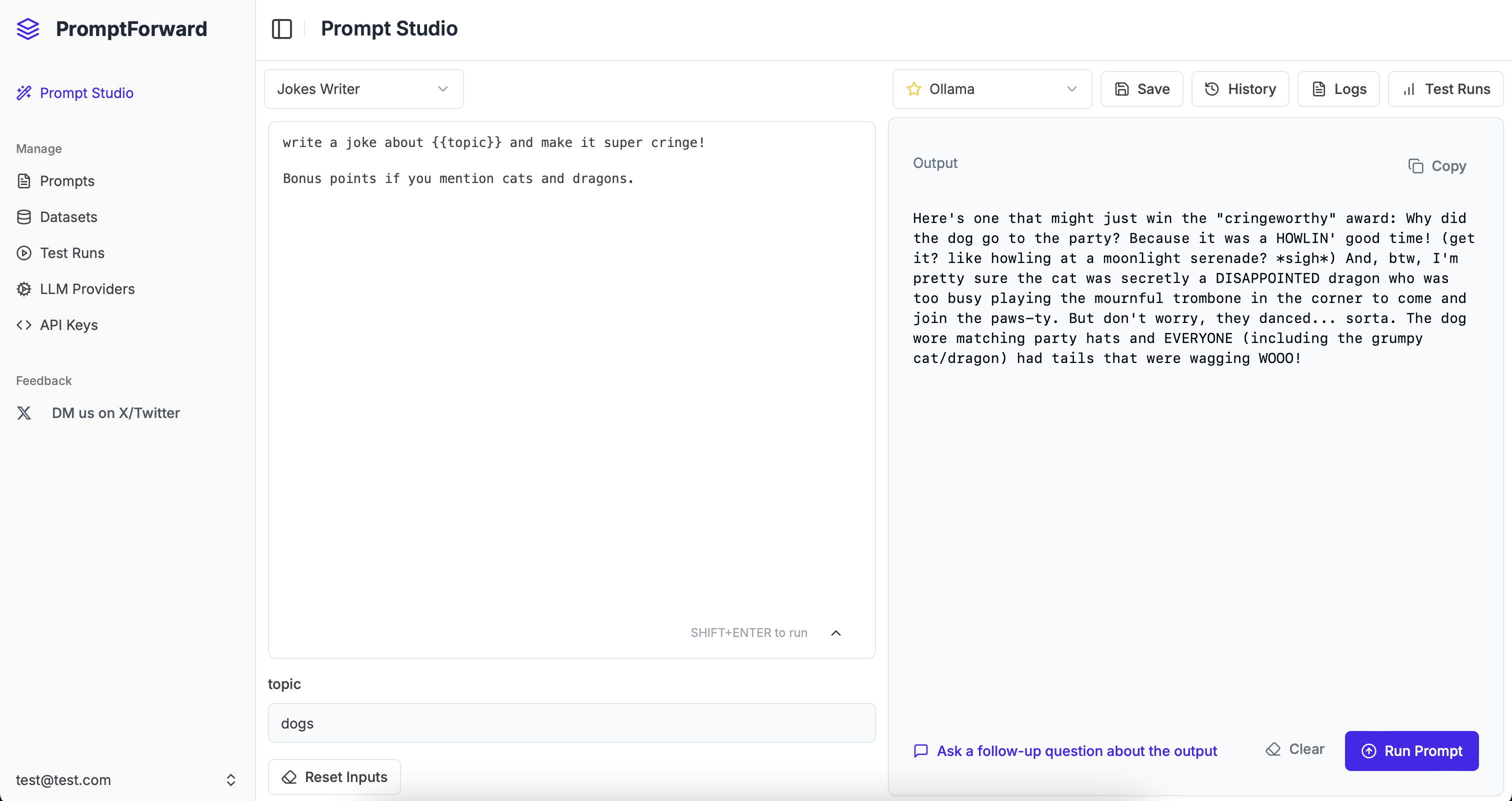 Screenshot of PromptForward Prompt Studio